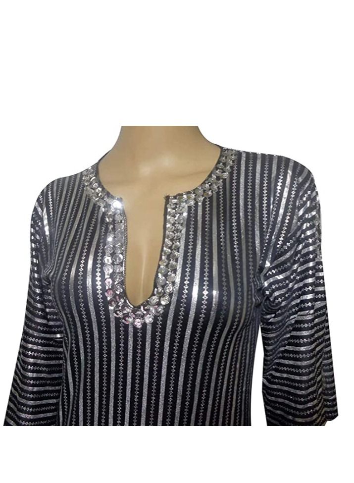 زي  شرقي للرقص الشرقي من الجلابية مصنوع يدويا للنساء (اسود × فضي) قياس واحد-العلامة التجارية غير محدد - Image 3