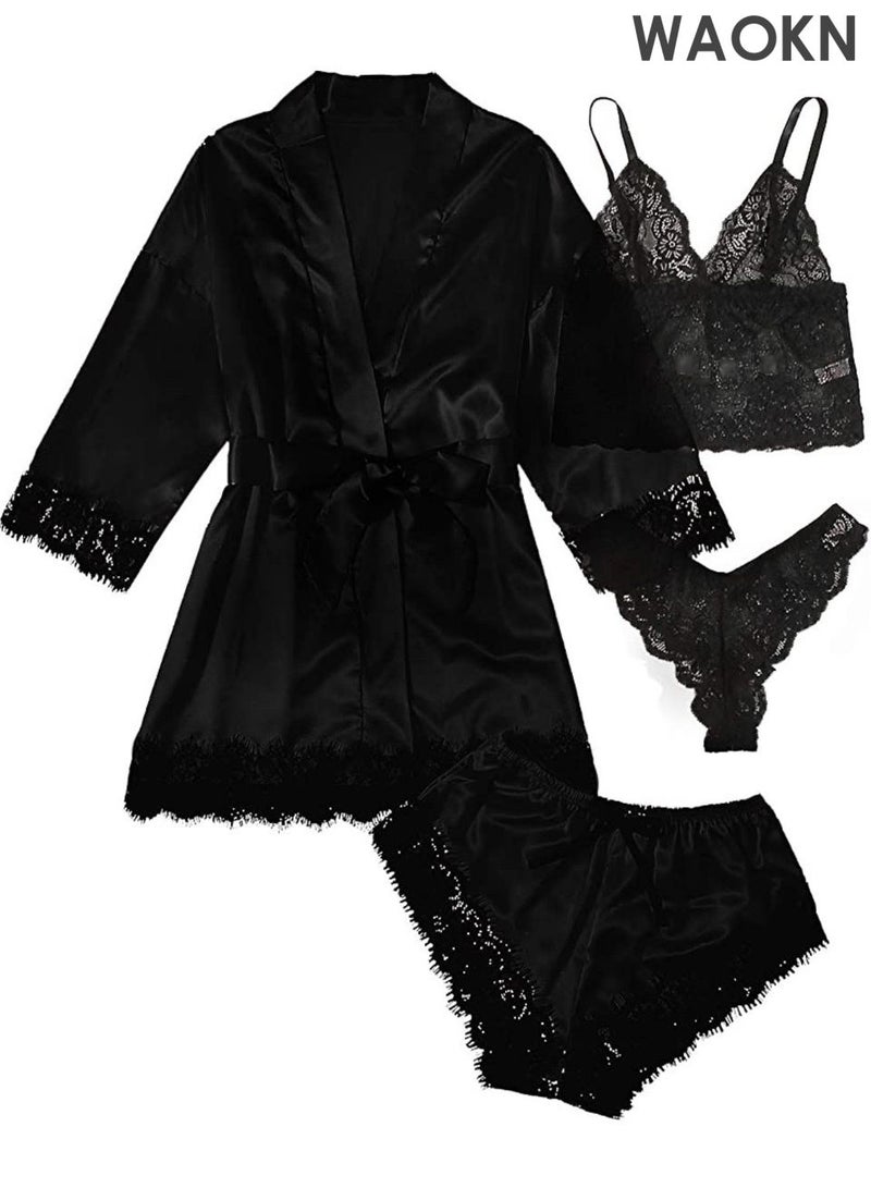دبليو أيه أو كي أن مجموعة من 4 مجموعات ملابس نوم نسائية من الحرير والساتان، بيجامات صيفية، ملابس منزلية، بدلات مطرزة، ملابس داخلية نسائية قابلة للتهوية، رداء نوم، ملابس داخلية، سراويل داخلية، لون أسود - Image 1