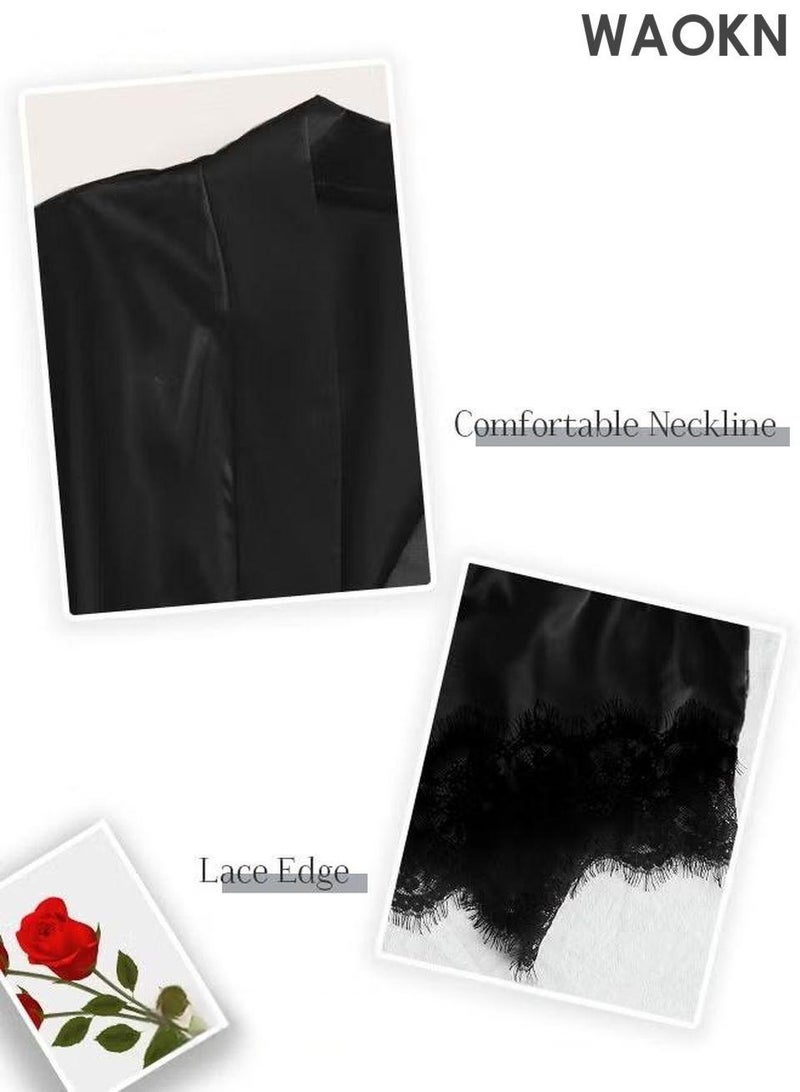 دبليو أيه أو كي أن مجموعة من 4 مجموعات ملابس نوم نسائية من الحرير والساتان، بيجامات صيفية، ملابس منزلية، بدلات مطرزة، ملابس داخلية نسائية قابلة للتهوية، رداء نوم، ملابس داخلية، سراويل داخلية، لون أسود - Image 4