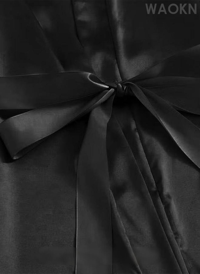 دبليو أيه أو كي أن مجموعة من 4 مجموعات ملابس نوم نسائية من الحرير والساتان، بيجامات صيفية، ملابس منزلية، بدلات مطرزة، ملابس داخلية نسائية قابلة للتهوية، رداء نوم، ملابس داخلية، سراويل داخلية، لون أسود - Image 3