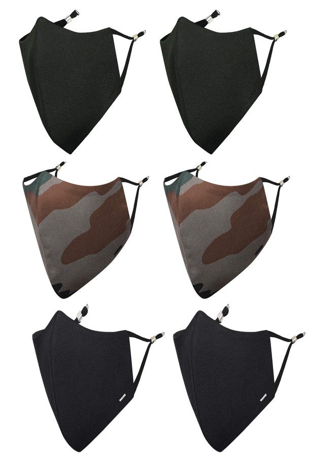 MASQ By Q-One Camouflage 4 Layer, Reusable, with Ear Adjusters, Anti-Bacterial (BFE>99%) Cotton Cloth Face Mask for Men, Boys (Large, Black-Green-Camouflage, Pack of 6), Without Valve - Image 1