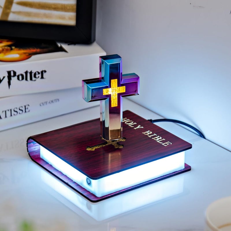 MOOCCI Levitating Cross Lamp Magnetic Floating Bible Night Light Colorful Levitation Cross Ornament with Glowing Base for Home Desk Table Decoration - Image 1