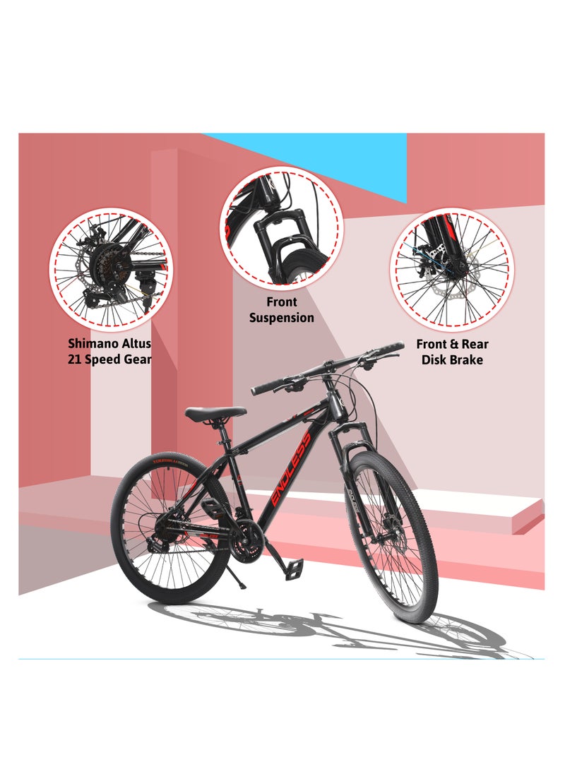 ENDLESS  - High Carbon Steel 17" Frame, 26" Wheels Mountain Bike with Shimano Altus 21 Speed Gear Shifter for Adults|Disc Brakes, Adjustable Seat, All Terrain Tyres, Suspension MTB Cycle for Men & Women - Image 1