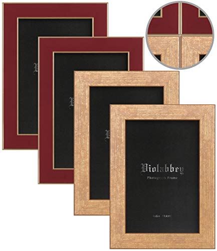VIOLABBEY 4x6 Picture Frames Set of 4, Colorful Photo Frame of Modern Style, High Definition Tempered Real Glass, Wall Mounted or Tabletop Display (Gold+Red) - Image 1