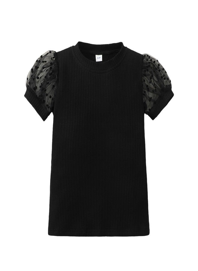Magic Park 1-6Y Baby Girl Ribbed T-Shirts Toddler Puff Sleeve Blouse Kids Knit Tee Girls Solid Color Casual Tops（Puff Sleeve Black,4-5 Years - Image 1