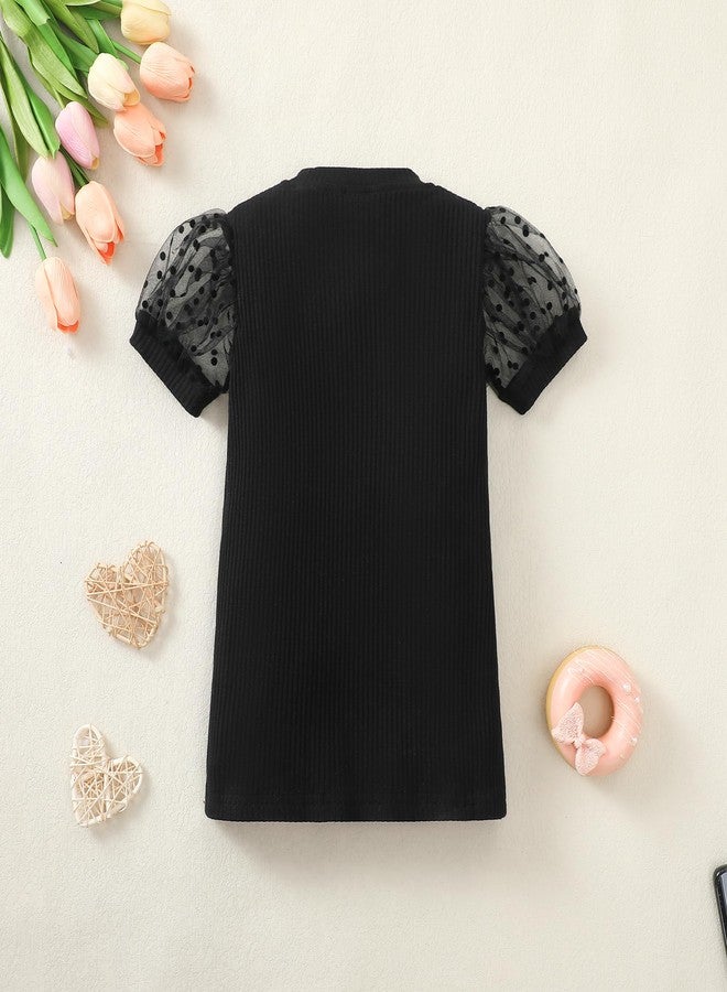 Magic Park 1-6Y Baby Girl Ribbed T-Shirts Toddler Puff Sleeve Blouse Kids Knit Tee Girls Solid Color Casual Tops（Puff Sleeve Black,4-5 Years - Image 3