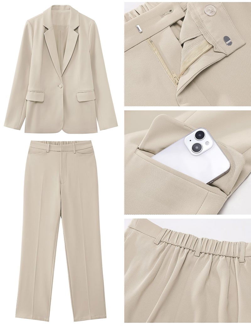 luvamia Women's Two Piece Sets Pants Suits Dressy Business Casual Outfits Professional Blazer Pantsuits Set Work Office Light Beige X-Large Fits US 16-18 - Image 5