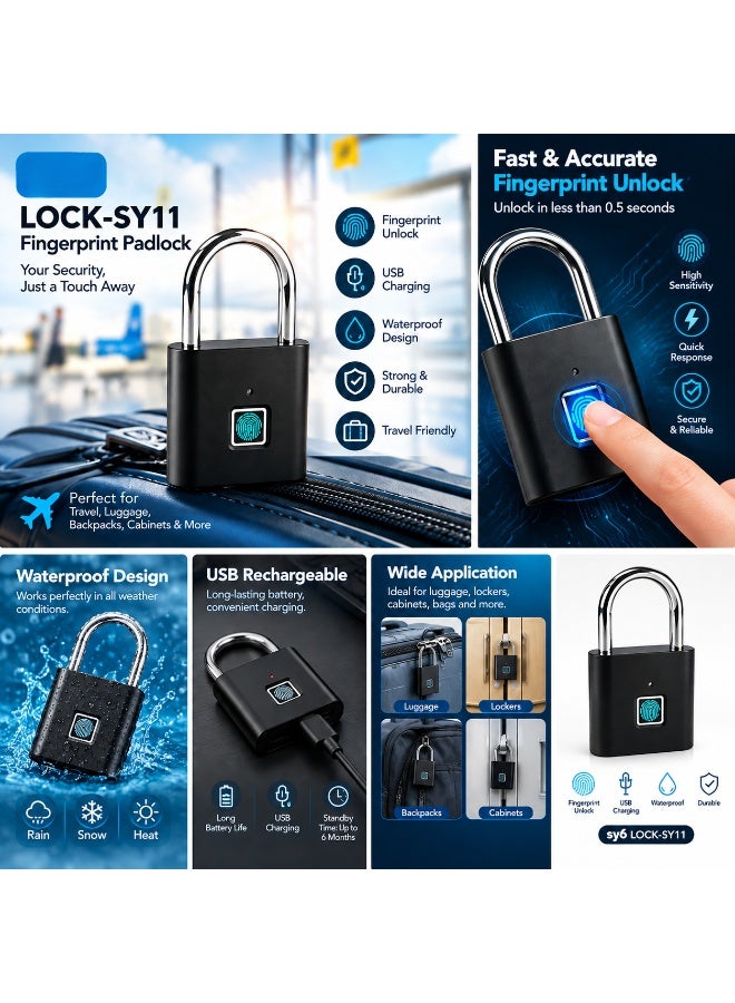قفل بصمة الإصبع SY11، قفل ذكي قابل لإعادة الشحن بمنفذ USB-C، مقاوم للماء للأمتعة والخزائن - أسود - Image 3