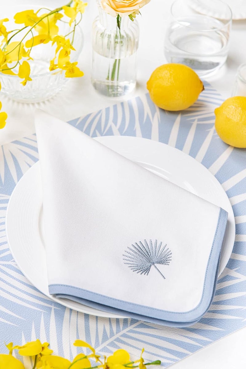 Hofdeco Premium Coastal Cotton Cloth Napkins Set of 4 20x20 Washable Dinner for Beach House Decor Subtle Blue Embroidered Palm Leaf - Image 3