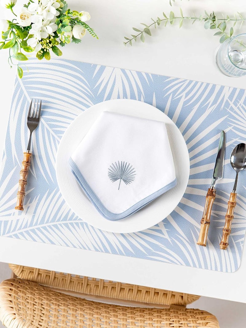 Hofdeco Premium Coastal Cotton Cloth Napkins Set of 4 20x20 Washable Dinner for Beach House Decor Subtle Blue Embroidered Palm Leaf - Image 4