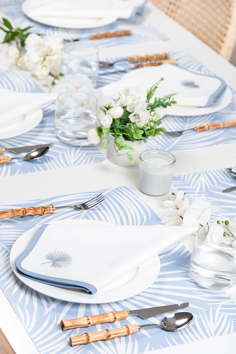 Hofdeco Premium Coastal Cotton Cloth Napkins Set of 4 20x20 Washable Dinner for Beach House Decor Subtle Blue Embroidered Palm Leaf - Image 2