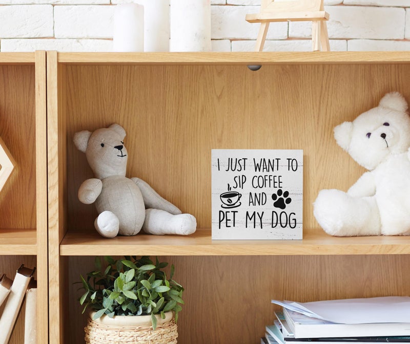EIONEY I Just Want to Sip Coffee and Pet My Dog Wood Box Sign Desk Decor Funny Coffee Wooden Block Sign Decorations for Home Kitchen Office Cafe Coffee Bar Wall Tabletop Shelf Decor - Image 4