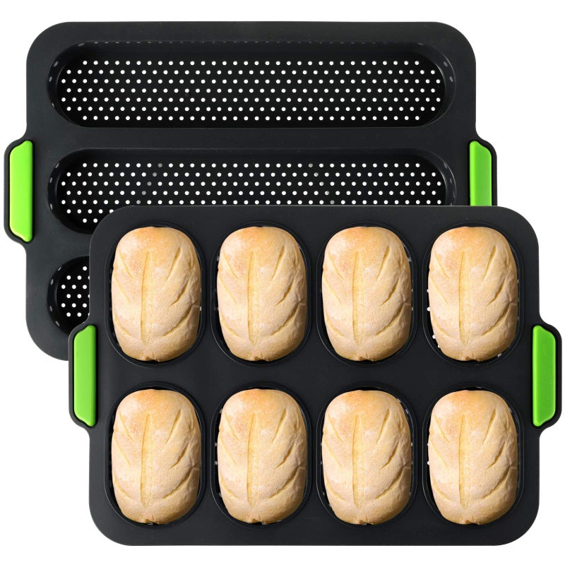 TOPZEA Set of 2 Silicone Baguette Pan Nonstick French Bread Bake Mold 8 Gutter Perforated Ham Burger Buns Sandwich Rolls Pans 3 Wave Long Loaf Toast Mold Baking Tray for Oven Baker