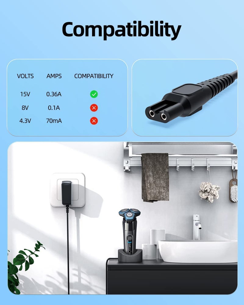 CRYSTALOPRO HQ8505 Norelco Replacement Charger Cord Fit for Philips Norelco HQ8505 7000 5000 3000 9000 Series mg7750 mg7790 Electric Shaver Razor, Aquatec, Arcitec, Multigroom Beard Trimmer Adapter - Image 3