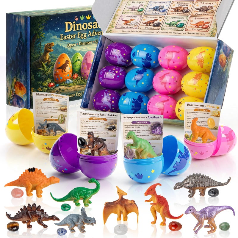 AONTESS Easter Egg Fillers & Basket Stuffers - Prefilled Easter Eggs, 12 Pcs Dinosaur Toys & Real Gemstones, Scientific Gifts with Story Cards for Kids, Easter Toys Party Favor foe Egg Hunt - Image 1
