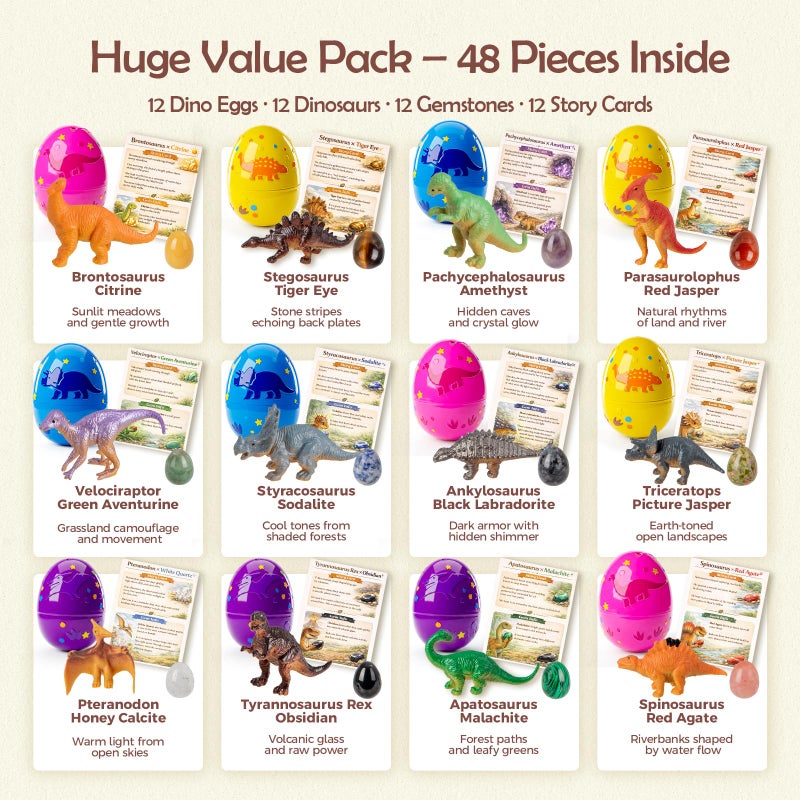 AONTESS Easter Egg Fillers & Basket Stuffers - Prefilled Easter Eggs, 12 Pcs Dinosaur Toys & Real Gemstones, Scientific Gifts with Story Cards for Kids, Easter Toys Party Favor foe Egg Hunt - Image 2