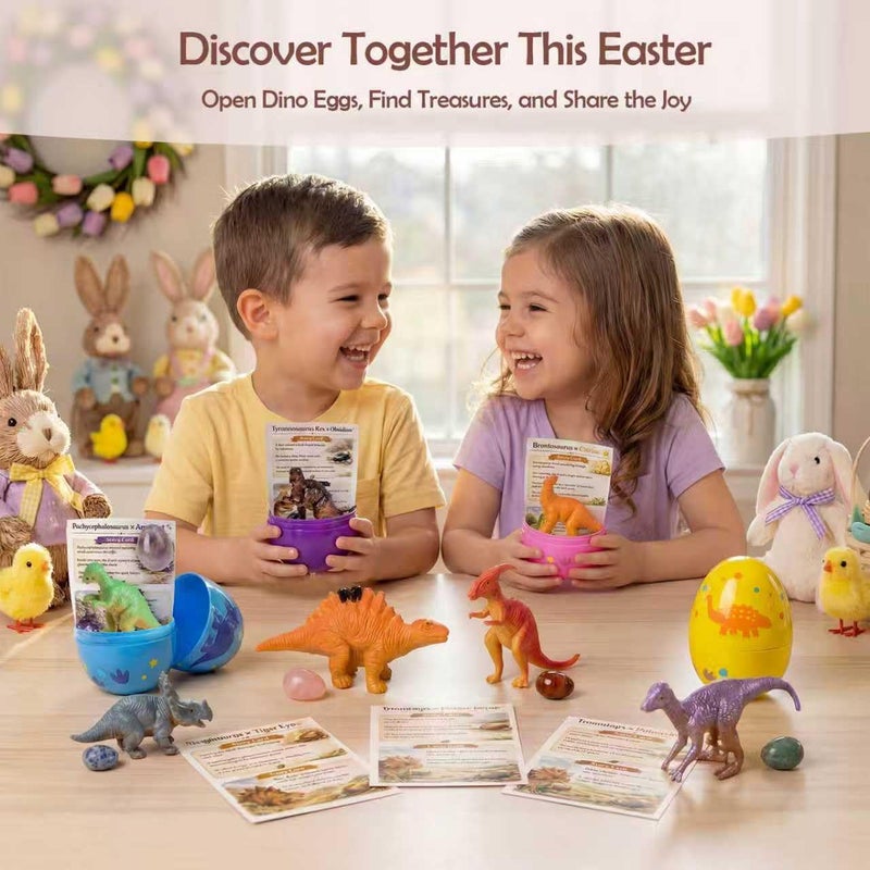 AONTESS Easter Egg Fillers & Basket Stuffers - Prefilled Easter Eggs, 12 Pcs Dinosaur Toys & Real Gemstones, Scientific Gifts with Story Cards for Kids, Easter Toys Party Favor foe Egg Hunt - Image 5