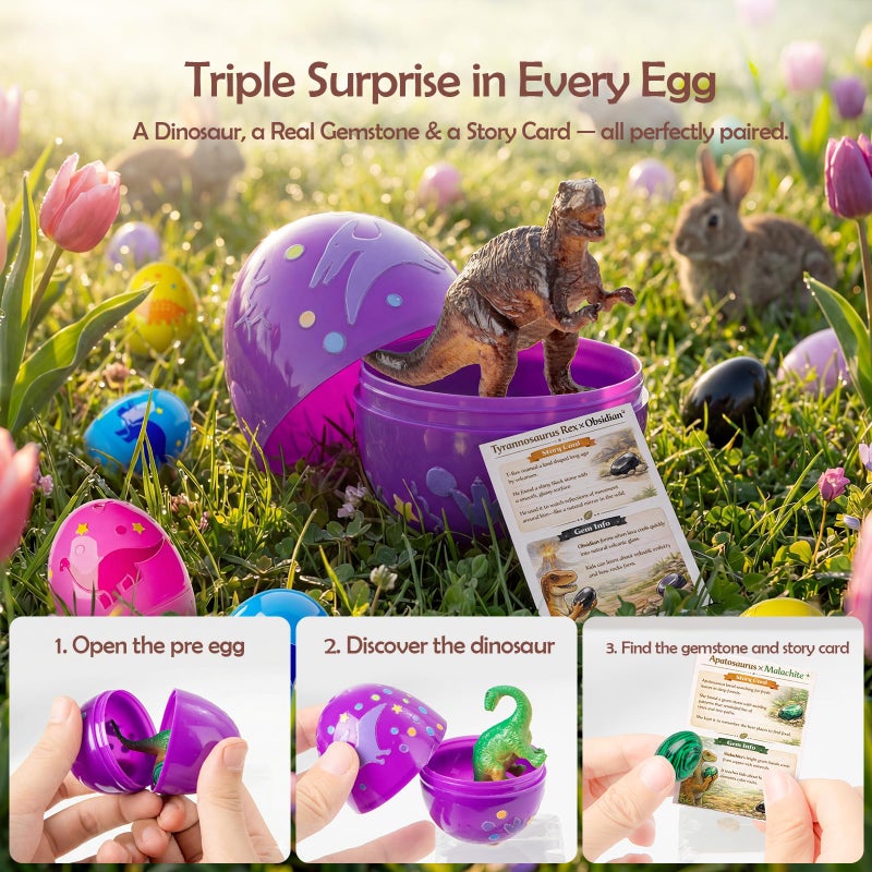 AONTESS Easter Egg Fillers & Basket Stuffers - Prefilled Easter Eggs, 12 Pcs Dinosaur Toys & Real Gemstones, Scientific Gifts with Story Cards for Kids, Easter Toys Party Favor foe Egg Hunt - Image 3