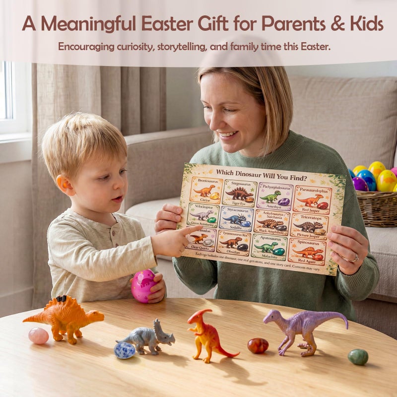 AONTESS Easter Egg Fillers & Basket Stuffers - Prefilled Easter Eggs, 12 Pcs Dinosaur Toys & Real Gemstones, Scientific Gifts with Story Cards for Kids, Easter Toys Party Favor foe Egg Hunt - Image 4
