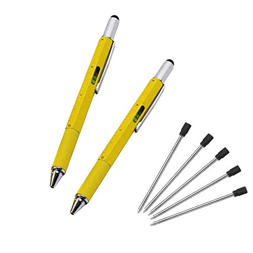 AIYIBEN Multifunction Tool Pen, 6 in 1 Tool with Ballpoint Pen, Touch Screen Stylus, Ruler, Spirit Level, Flat-head and Phillips Screwdriver, All-in-One Tech-Tool Pen with Ink Refills (2×Yellow + 5×Refills) - Image 1