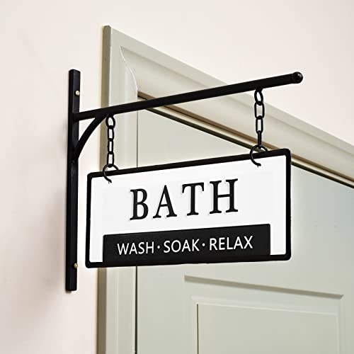 MACVAD Double-Sided Bathroom Door Hanging Sign, Embossed Black on White Enamel Metal Sign with Bracket, Modern Farmhouse Bathroom Wall Decor - Image 1