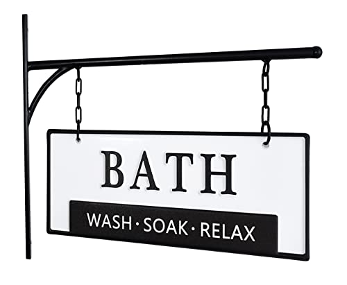 MACVAD Double-Sided Bathroom Door Hanging Sign, Embossed Black on White Enamel Metal Sign with Bracket, Modern Farmhouse Bathroom Wall Decor - Image 2