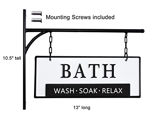 MACVAD Double-Sided Bathroom Door Hanging Sign, Embossed Black on White Enamel Metal Sign with Bracket, Modern Farmhouse Bathroom Wall Decor - Image 3
