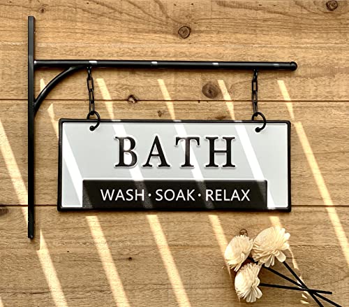 MACVAD Double-Sided Bathroom Door Hanging Sign, Embossed Black on White Enamel Metal Sign with Bracket, Modern Farmhouse Bathroom Wall Decor - Image 4