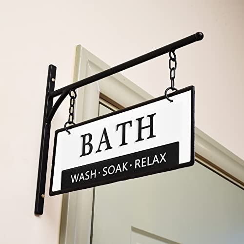 MACVAD Double-Sided Bathroom Door Hanging Sign, Embossed Black on White Enamel Metal Sign with Bracket, Modern Farmhouse Bathroom Wall Decor - Image 5