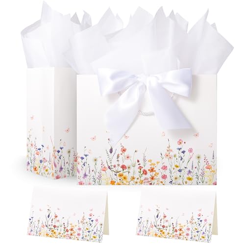 Crisky Wildflower Floral Gift Bags 2 Pack for Baby Showers Girls Gifts Spring Tea Party Bridal Showers Includes Tissue Paper Ribbon Card - Image 1