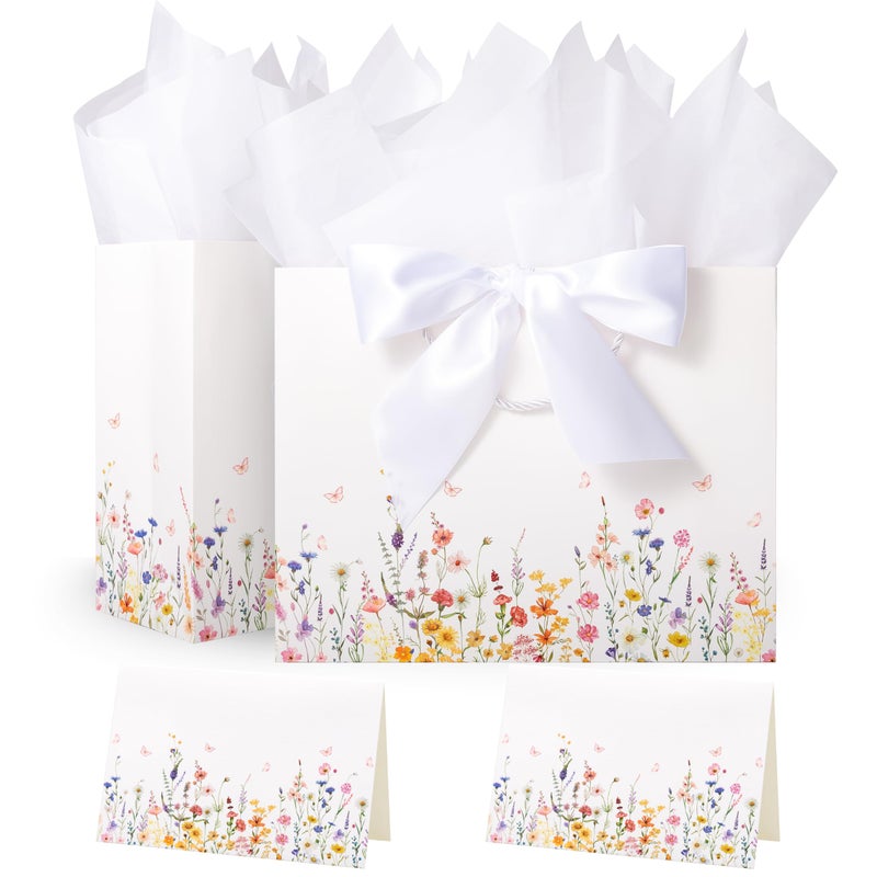 Crisky Wildflower Floral Gift Bags 2 Pack for Baby Showers Girls Gifts Spring Tea Party Bridal Showers Includes Tissue Paper Ribbon Card - Image 2