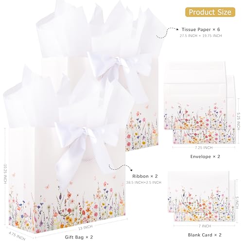 Crisky Wildflower Floral Gift Bags 2 Pack for Baby Showers Girls Gifts Spring Tea Party Bridal Showers Includes Tissue Paper Ribbon Card - Image 3