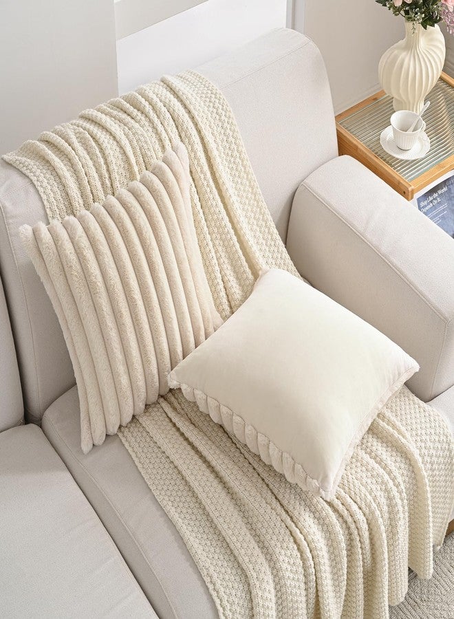 Volcanics Set of 2 Faux Fur Plush Decorative Throw Pillow Covers 18x18 Inches, Striped Cushion Cases Soft Fluffy Accent Pillowcases for Sofa, Couch and Bed, Beige - Image 2