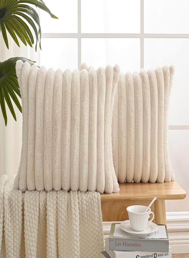 Volcanics Set of 2 Faux Fur Plush Decorative Throw Pillow Covers 18x18 Inches, Striped Cushion Cases Soft Fluffy Accent Pillowcases for Sofa, Couch and Bed, Beige - Image 1