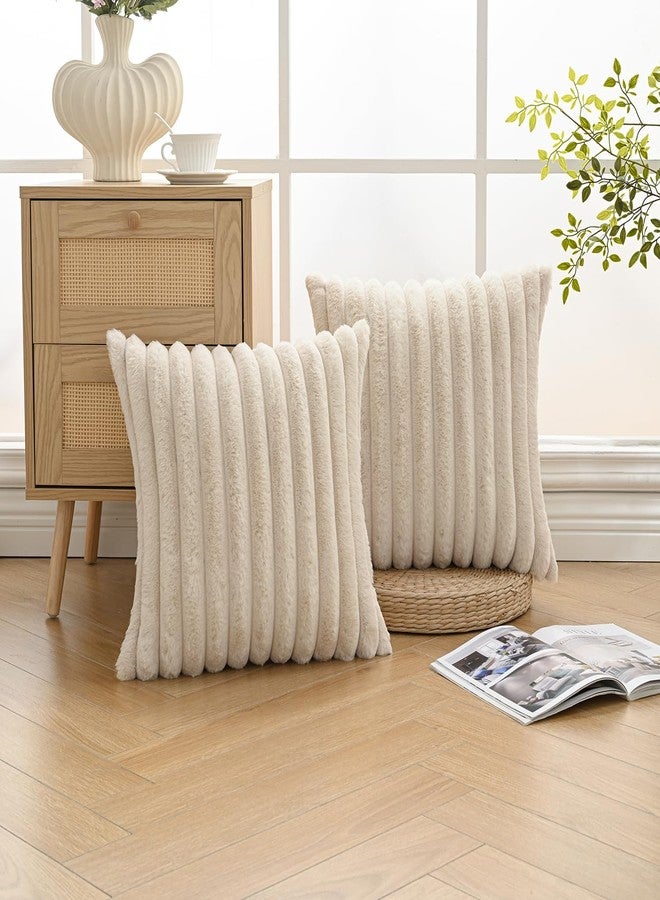 Volcanics Set of 2 Faux Fur Plush Decorative Throw Pillow Covers 18x18 Inches, Striped Cushion Cases Soft Fluffy Accent Pillowcases for Sofa, Couch and Bed, Beige - Image 4