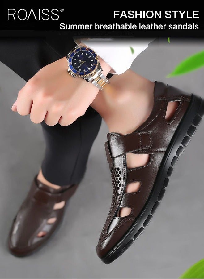 roaiss الرجال الصيف تنفس شبكة أحذية من الجلد الجانب جوفاء خارج الفيلكرو الأعمال بولي Sandals الصنادل الجلدية موضة عادية المضادة للانزلاق الصنادل  - Image 2