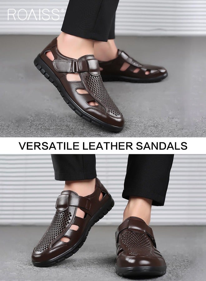 roaiss الرجال الصيف تنفس شبكة أحذية من الجلد الجانب جوفاء خارج الفيلكرو الأعمال بولي Sandals الصنادل الجلدية موضة عادية المضادة للانزلاق الصنادل  - Image 3