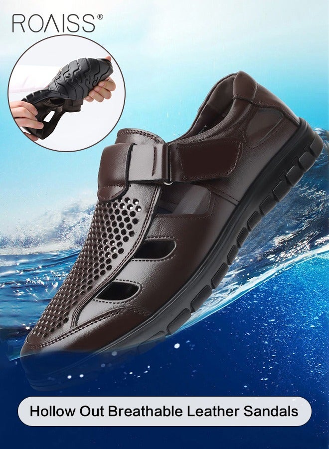 roaiss الرجال الصيف تنفس شبكة أحذية من الجلد الجانب جوفاء خارج الفيلكرو الأعمال بولي Sandals الصنادل الجلدية موضة عادية المضادة للانزلاق الصنادل  - Image 1
