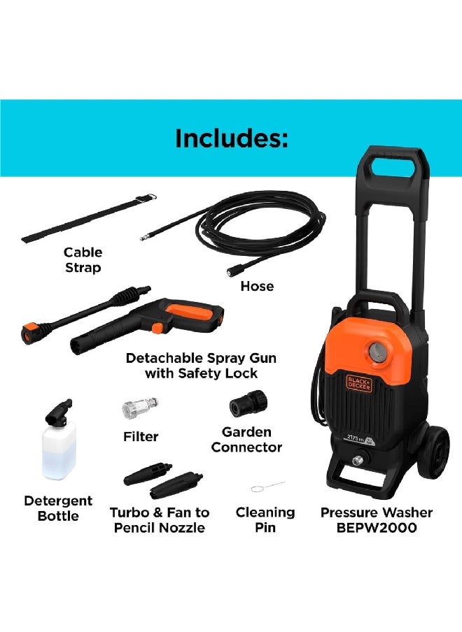 BLACK+DECKER - 2000W 2100PSI Corded Compact Pressure Washer Black and Orange 30 x 40 x 40 cm BEPW2000-B5 - Image 1