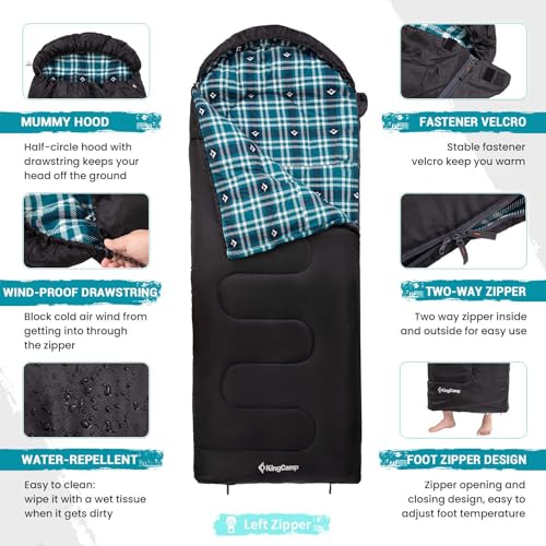 KingCamp Sleeping Bag for Adults, Cold Weather & Warm XL Big and Tall Flannel Sleeping Bags with Compression Sack Portable Waterproof Essentials Gear Accessories for Outdoor Camping (Black Left) - Image 3