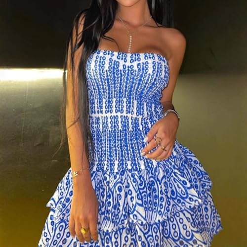 RICHTRUE Blue and White Floral Mini Dress Y2k Tube Top Dress Summer Beach Dresses for Women 2025 Vacation - Image 2