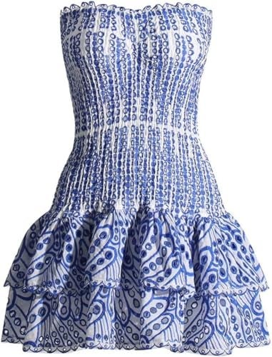 RICHTRUE Blue and White Floral Mini Dress Y2k Tube Top Dress Summer Beach Dresses for Women 2025 Vacation - Image 1