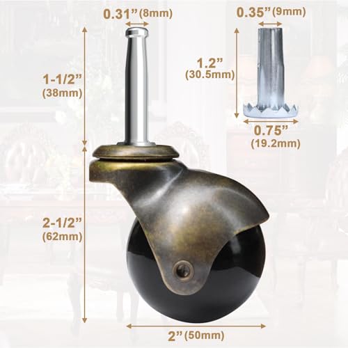 AAGUT 2" Ball Casters Stem Caster Wheels Set of 4 with 5/16" x 1-1/2" (8 x 38mm) with Metal Sockets Replacement Vintage Antique Swivel Wheel for Sofa, Chair, Cabinet - Image 2