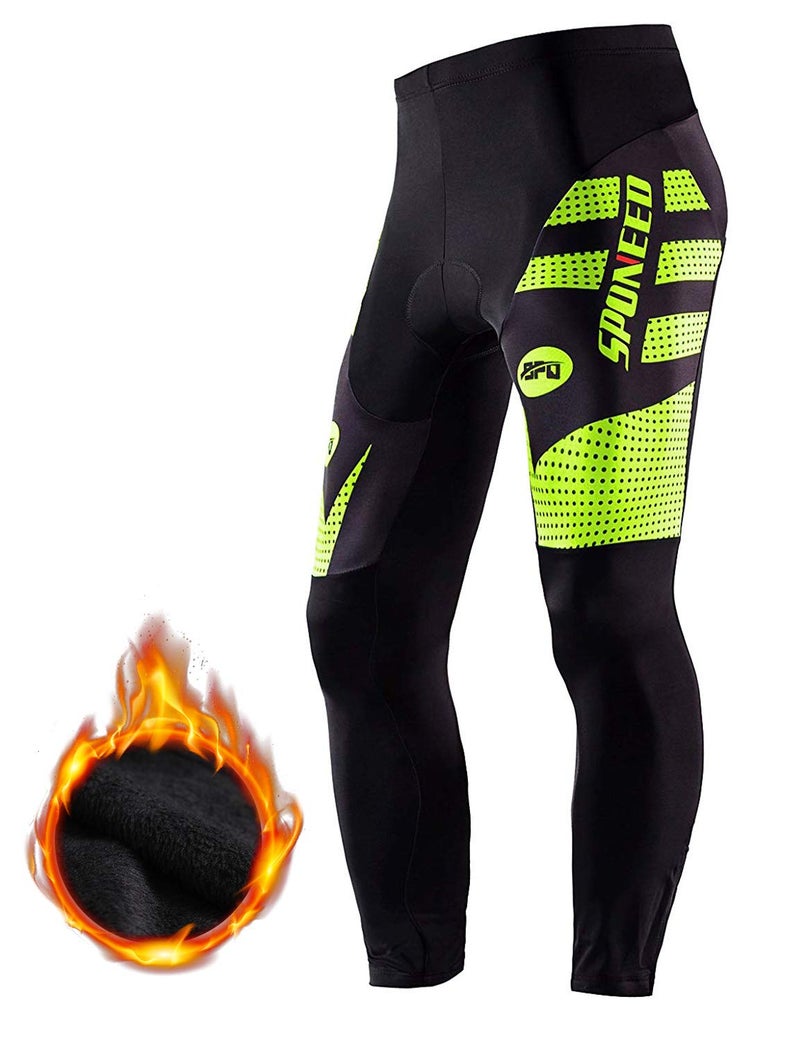 sponeed Bike Man Padded Pants Fleeced Pro Cyclist Long Tights Road Biking Moisture Wicking Ride Gear US S Green - Image 1