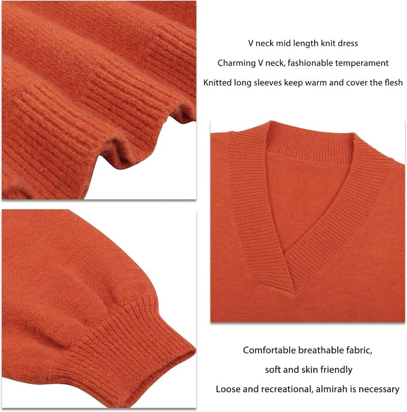 klarako Women Knit Dress V Neck Long Sleeve Sweater Dress Solid Casual Loose Knitted Pullover Knee Length Short Mini Dress - Image 2