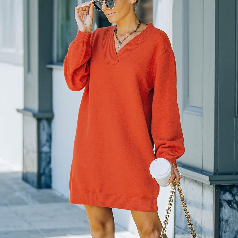 klarako Women Knit Dress V Neck Long Sleeve Sweater Dress Solid Casual Loose Knitted Pullover Knee Length Short Mini Dress - Image 5