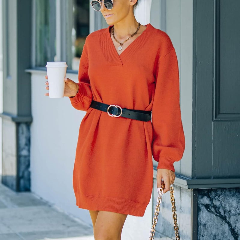 klarako Women Knit Dress V Neck Long Sleeve Sweater Dress Solid Casual Loose Knitted Pullover Knee Length Short Mini Dress - Image 4
