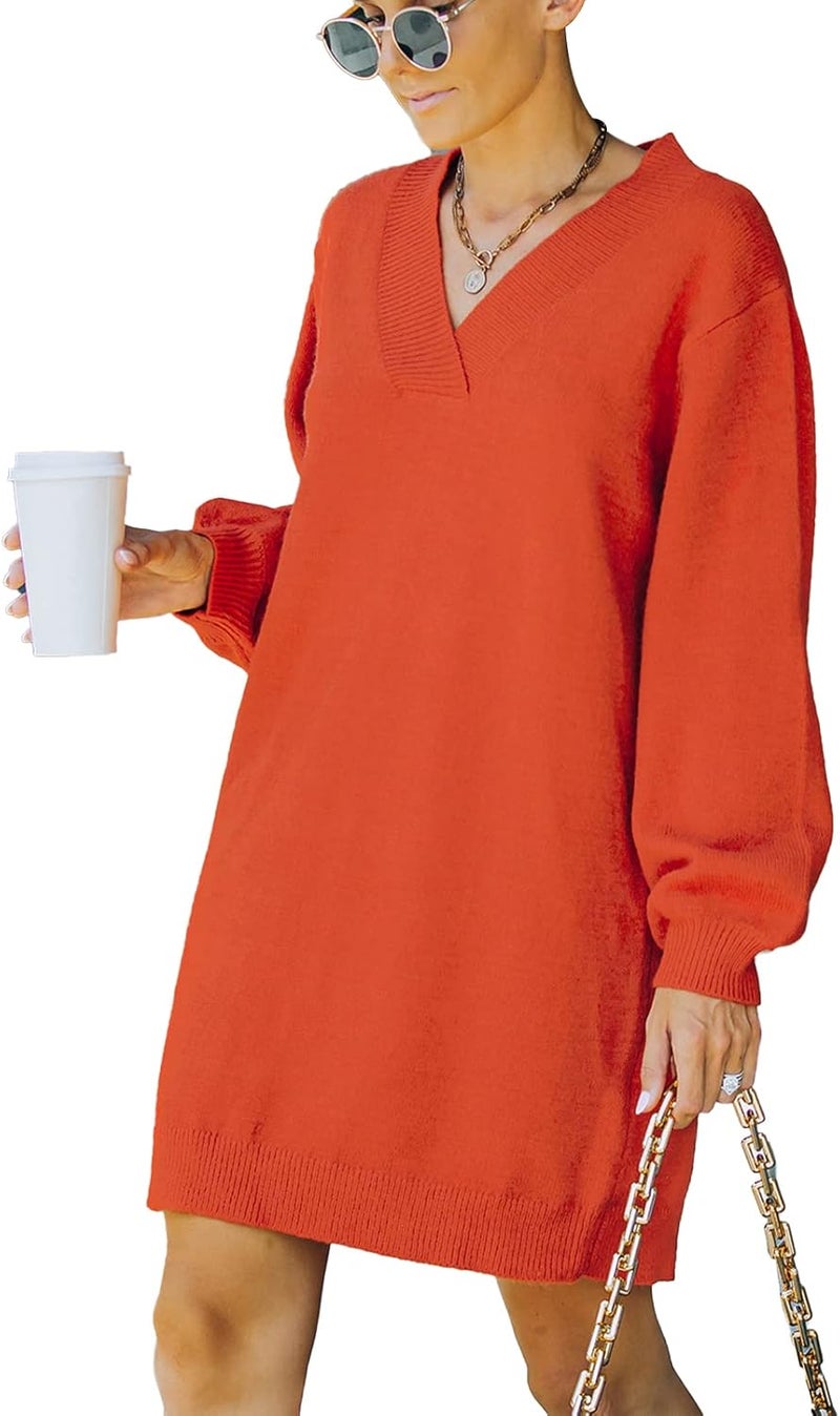 klarako Women Knit Dress V Neck Long Sleeve Sweater Dress Solid Casual Loose Knitted Pullover Knee Length Short Mini Dress - Image 1