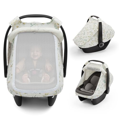 Blissful Diary Baby Car Seat Cover Extra Large Mesh Window Breathable Muslin Cotton Infant Windproof Canopy MustHave Baby Gift Botanical Leaf - Image 1