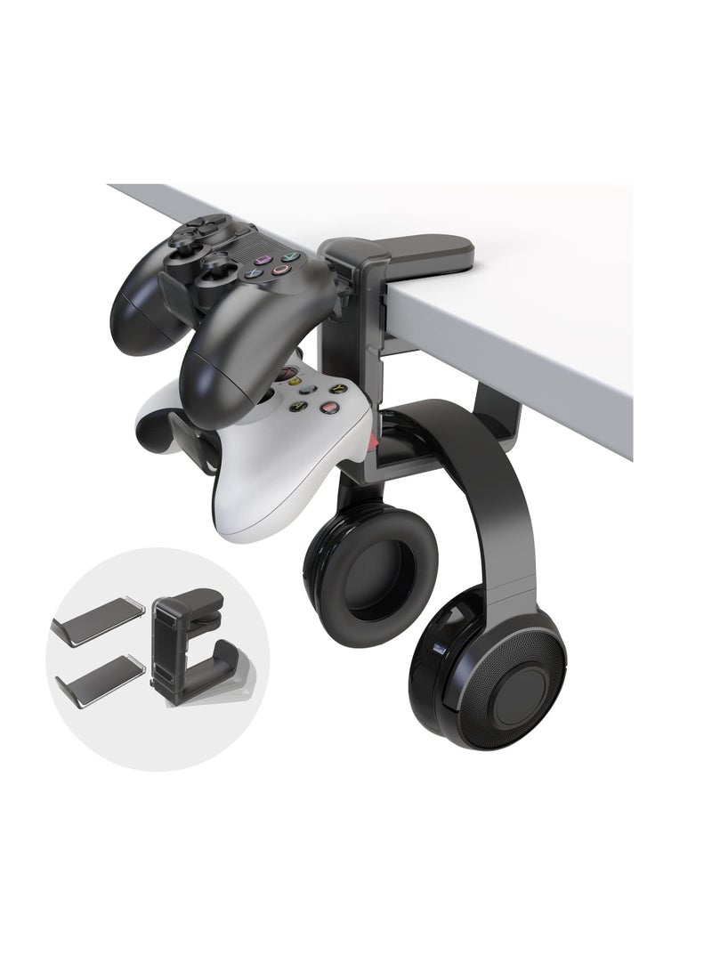 SYOSI 3-in-1 PC Gaming Headset and Controller Holder, Headphone Stand with Adjustable Clamp, 2 Controller Holders, Rotating Arm, and Cable Organizer, Universal PC Gaming Accessory Controller Headset Stand - Image 1